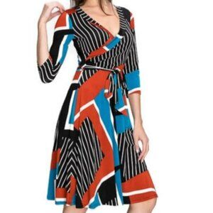 Janette Fashion Blue Rust Faux Wrap Knee Length Dress